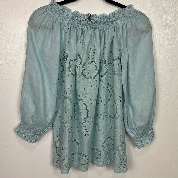 Haris Cotton Linen Off The Shoulder Eyelet Embroidered Blouse Top Size M - Picture 1 of 7